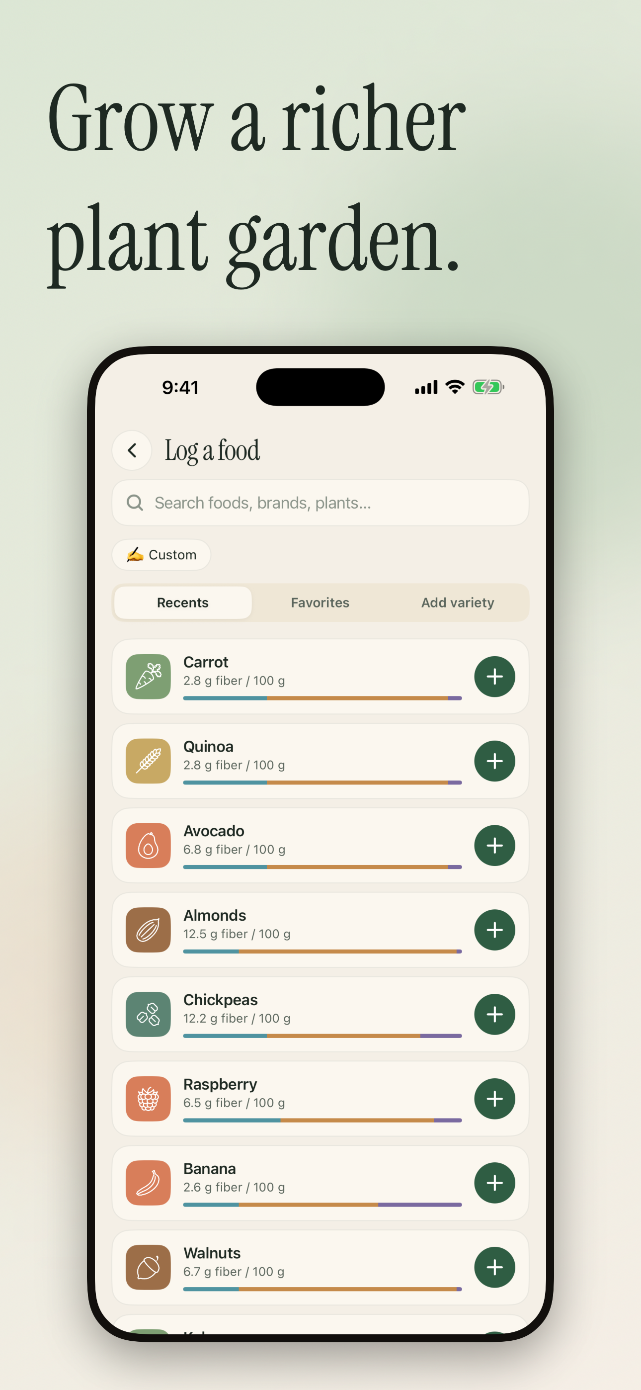 Log a food screen: searchable catalog with fiber per 100 g